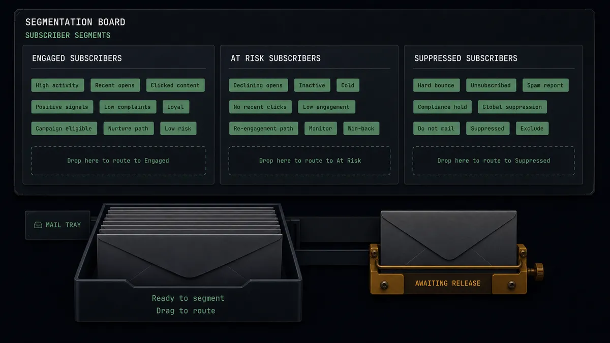 A dark summary panel on a #0C0E12 field showing a segmentation board: three labeled subscriber columns with sage-green tag chips, a mail tray beneath the first column, and one envelope held on an amber latch labeled "Awaiting release"