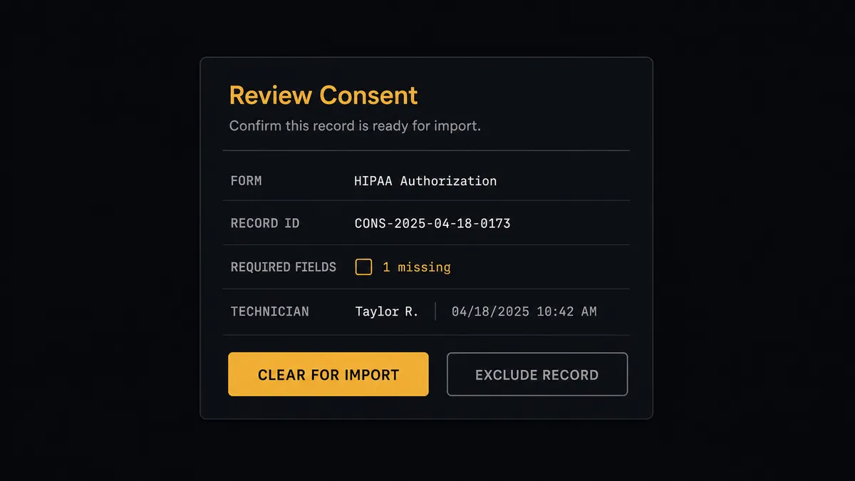 A dark Slack-style review card on a #0C0E12 field titled with a consent-review heading, showing a form-name row, a compact record row with a blank-checkbox indicator, a technician attribution row, and clear-for-import and exclude buttons, one button rendered in amber as the human decision point