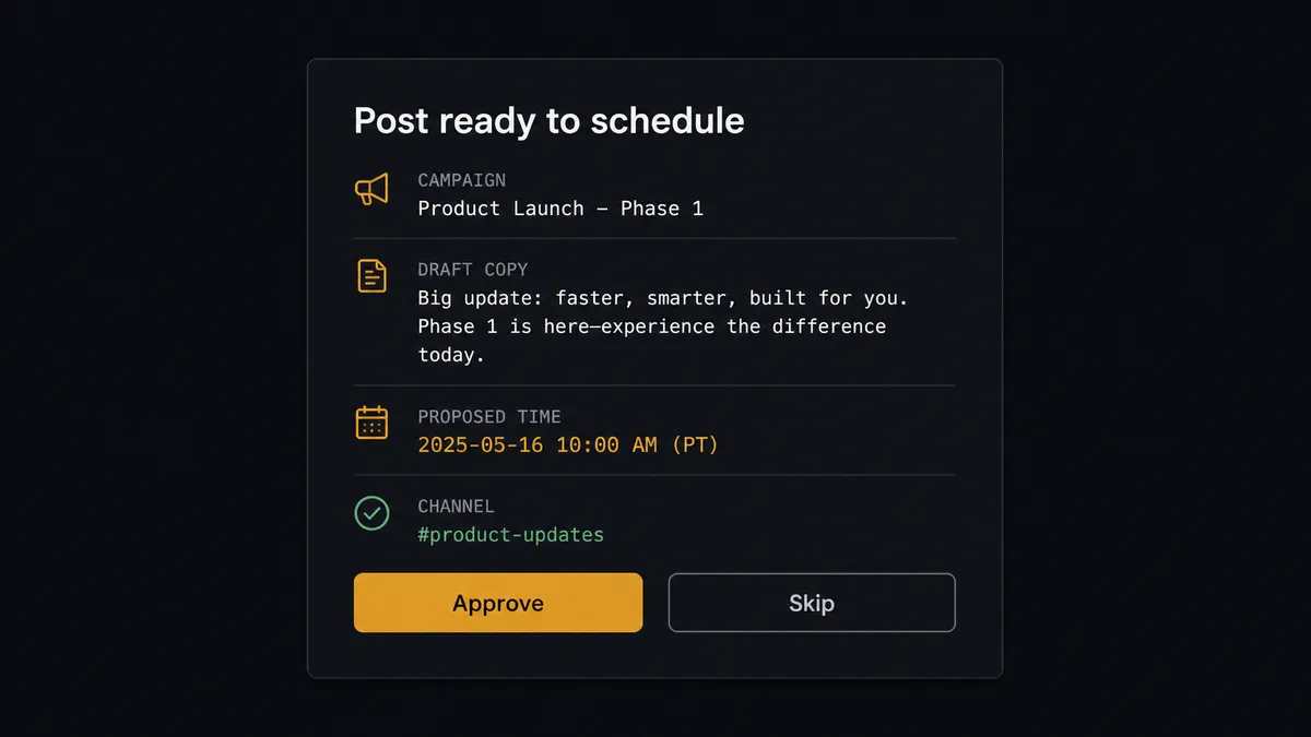 A dark Slack-style approval card on a #0C0E12 field titled "Post ready to schedule"
