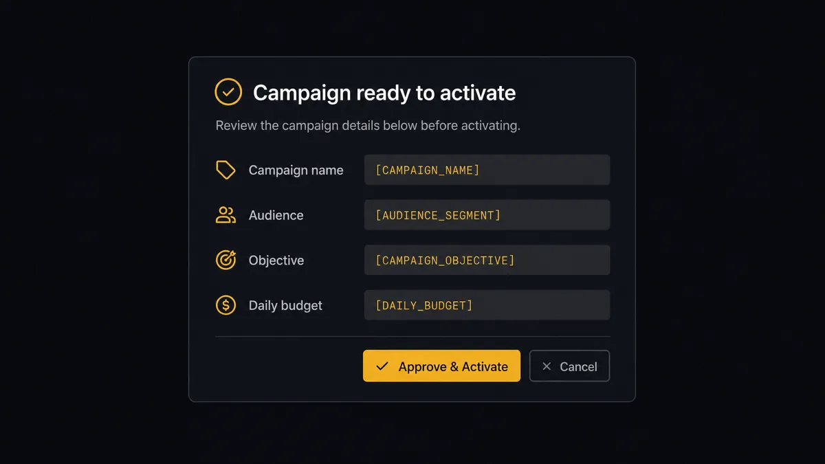 A dark Slack-style approval card on a #0C0E12 field titled "Campaign ready to activate" with rows for campaign name, audience, objective, and daily budget rendered as labeled placeholder bars, and two buttons at the bottom, the approve button highlighted in amber