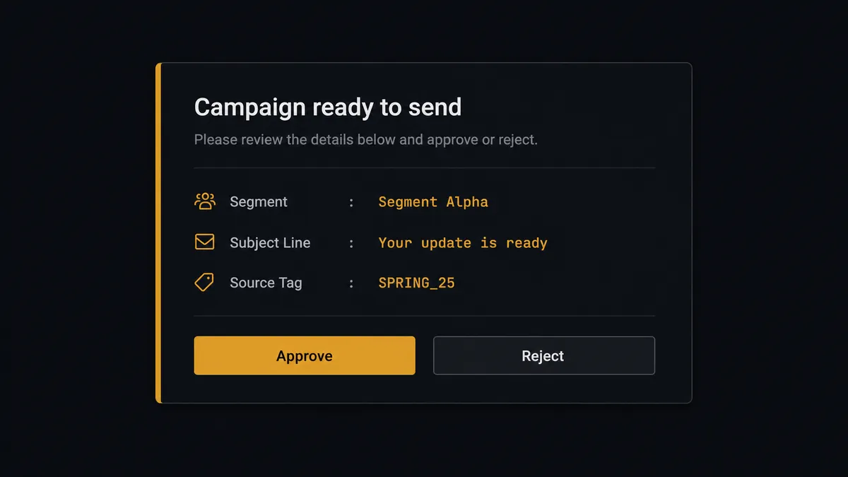 A dark Slack-style approval card on a #0C0E12 field titled "Campaign ready to send" with rows for segment name, subject line, and source tag, an amber left border marking the human decision, and two rectangular reply buttons labeled Approve and Reject