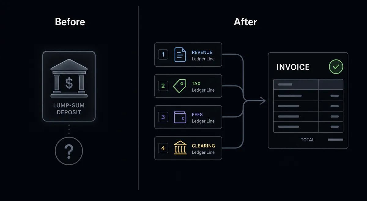 A dark before/after split panel on a #0C0E12 background