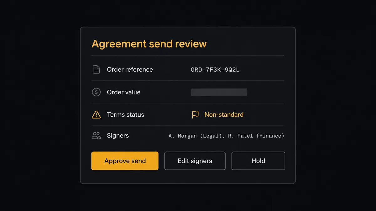 A dark Slack-style approval card on a #0C0E12 field titled "Agreement send review"