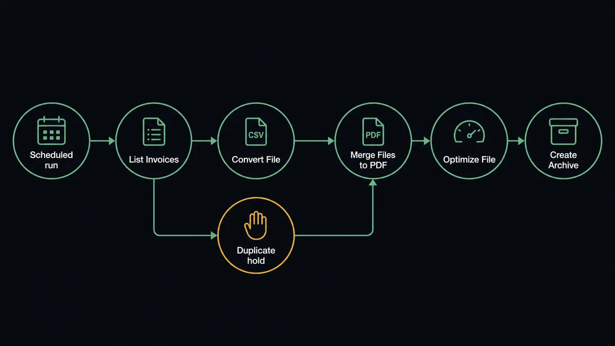 A dark six-node horizontal flow diagram on a #0C0E12 field
