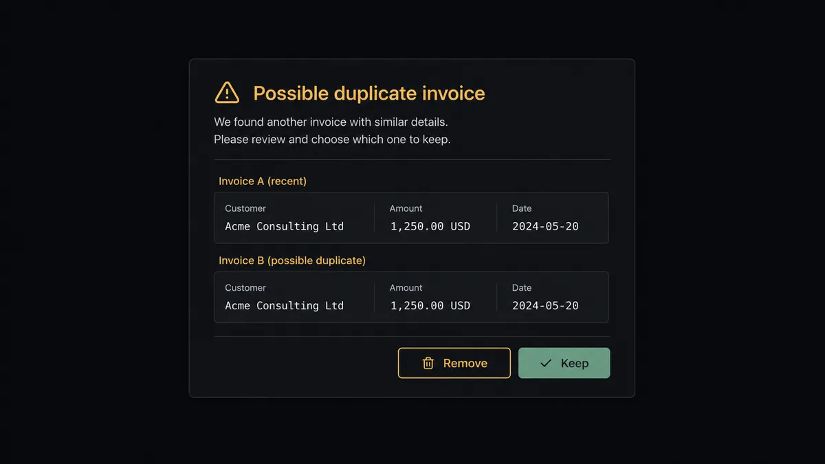 A dark Slack-style approval card on a #0C0E12 field titled "Possible duplicate invoice" showing two invoice summary rows stacked for comparison with customer, amount, and date fields, plus Remove and Keep both buttons, the Remove button outlined in amber