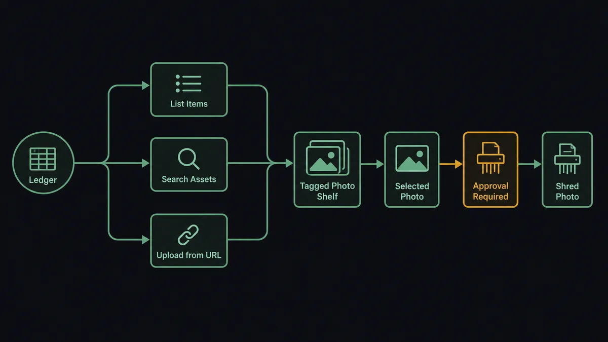 A dark horizontal flow on a #0C0E12 field: a ledger-grid node feeding sage-green nodes labeled List Items, Search Assets, and Upload from URL, converging into a tagged photo-card shelf