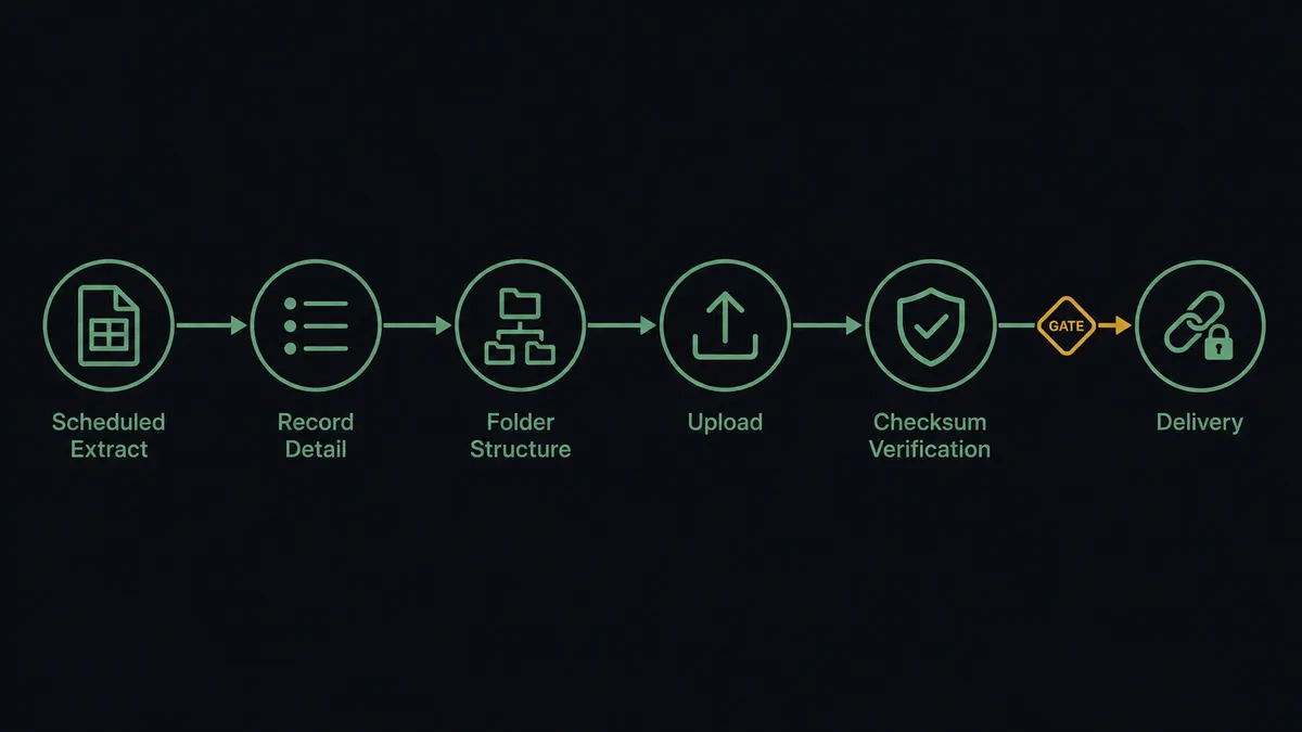 A dark horizontal flow diagram on a #0C0E12 field with six nodes: a scheduled extract node with a ledger glyph, a record-detail node, a folder-structure node, an upload node, a checksum-verification node, and a delivery node with a padlocked link glyph, joined by a thin sage-green line with one amber gate marker before the delivery node