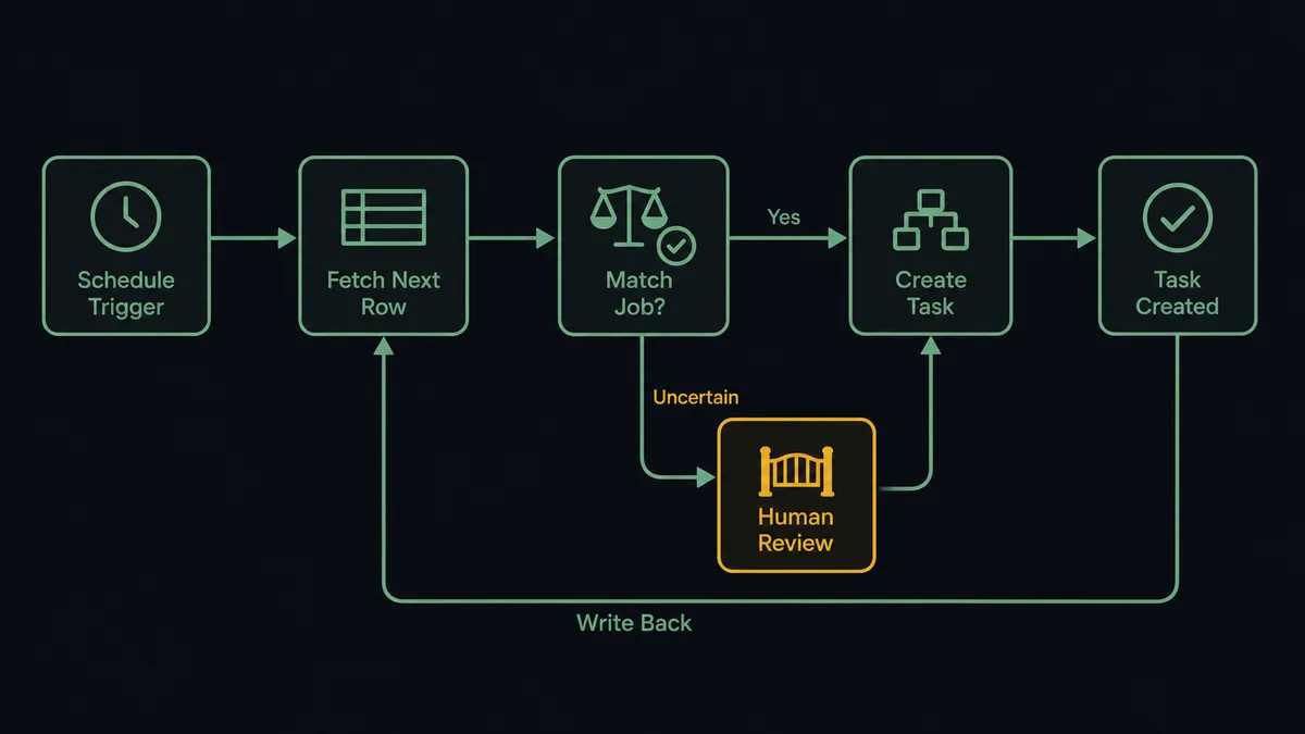 A dark horizontal flow diagram on a #0C0E12 field with six connected nodes: a schedule clock, a database row card, a job-matching check with a small scale icon, a task creation block, a write-back arrow returning to the row card, and an amber gate node on the uncertain branch