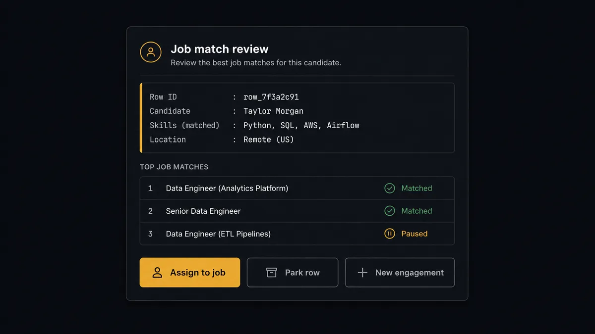 A dark Slack-style approval card on a #0C0E12 field titled "Job match review"