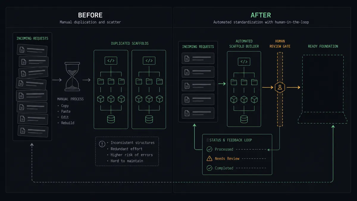 A dark before-and-after summary panel on a #0C0E12 field with two columns: the left shows request cards piling beside a small hourglass and two duplicate scaffolds built side by side; the right shows cards flowing into an orderly single scaffold with an amber barrier before an empty foundation plot and a status thread looping back to the card column