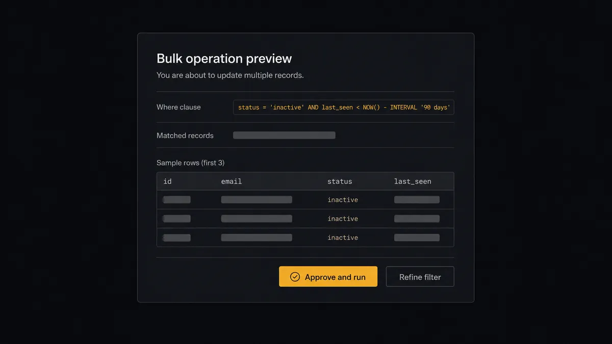 A dark Slack-style approval card on a #0C0E12 field titled "Bulk operation preview" showing a monospace-style Where clause chip, a row labeled matched records with a neutral count placeholder bar, and a small sample-rows grid