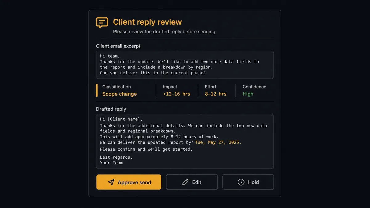 A dark Slack-style approval card on a #0C0E12 field titled "Client reply review"