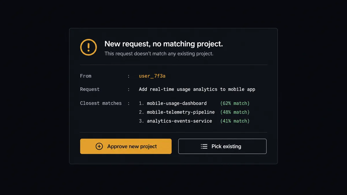 A dark Slack-style approval card on a #0C0E12 field, titled "New request, no matching project