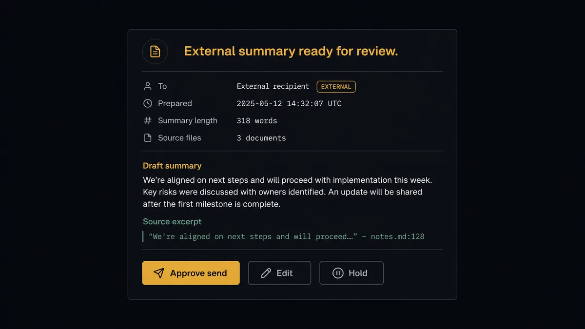 A dark Slack-style approval card on a #0C0E12 field, titled "External summary ready for review