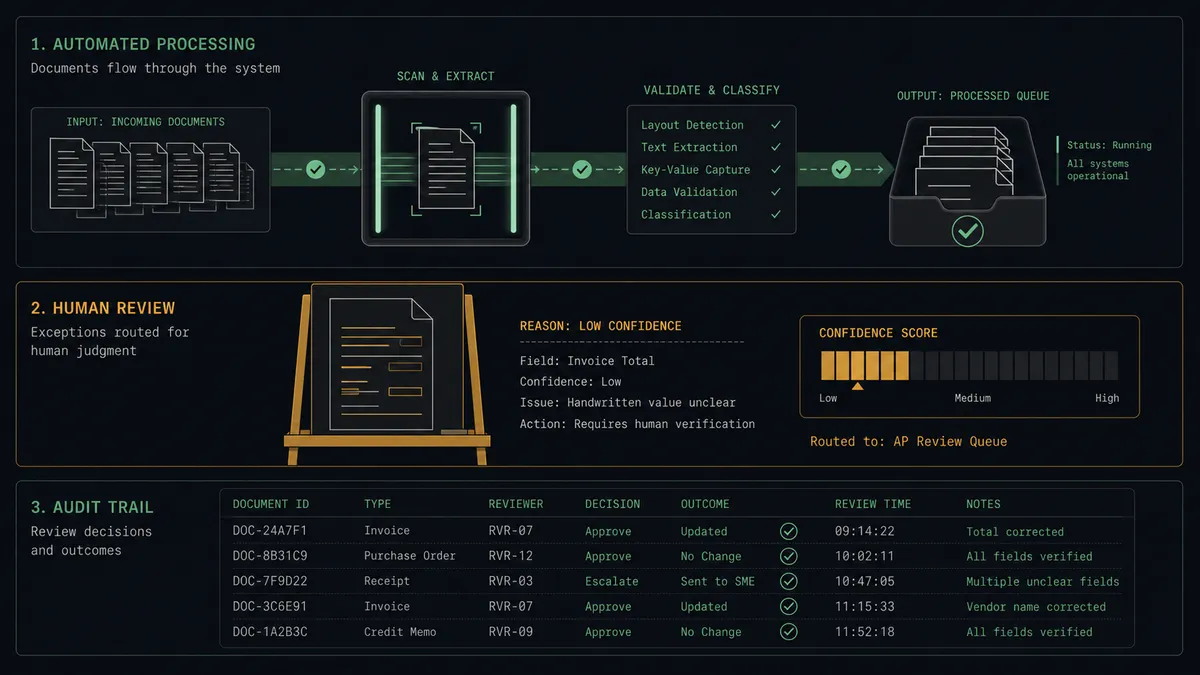 A dark summary panel on a #0C0E12 field with three stacked rows: a top row of document sheets flowing through a scanning frame along a sage-green channel into a queue tray, a middle row showing one sheet held on an amber review easel with a low confidence meter, and a bottom row showing a small audit list with reviewer checkmarks