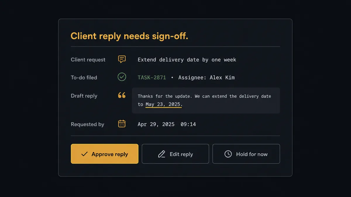 A dark Slack-style approval card on a #0C0E12 field titled "Client reply needs sign-off