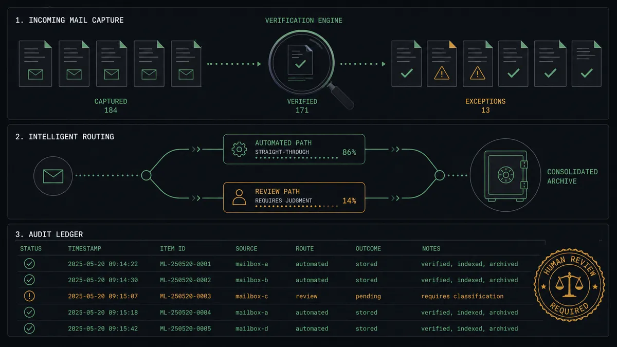 A dark summary panel on a #0C0E12 field with three stacked rows: a row of letter icons flowing into a verification lens, a forked route showing two labeled paths rejoining at a vault icon, and a bottom ledger strip of checkmarked entries where one entry carries an amber approval seal