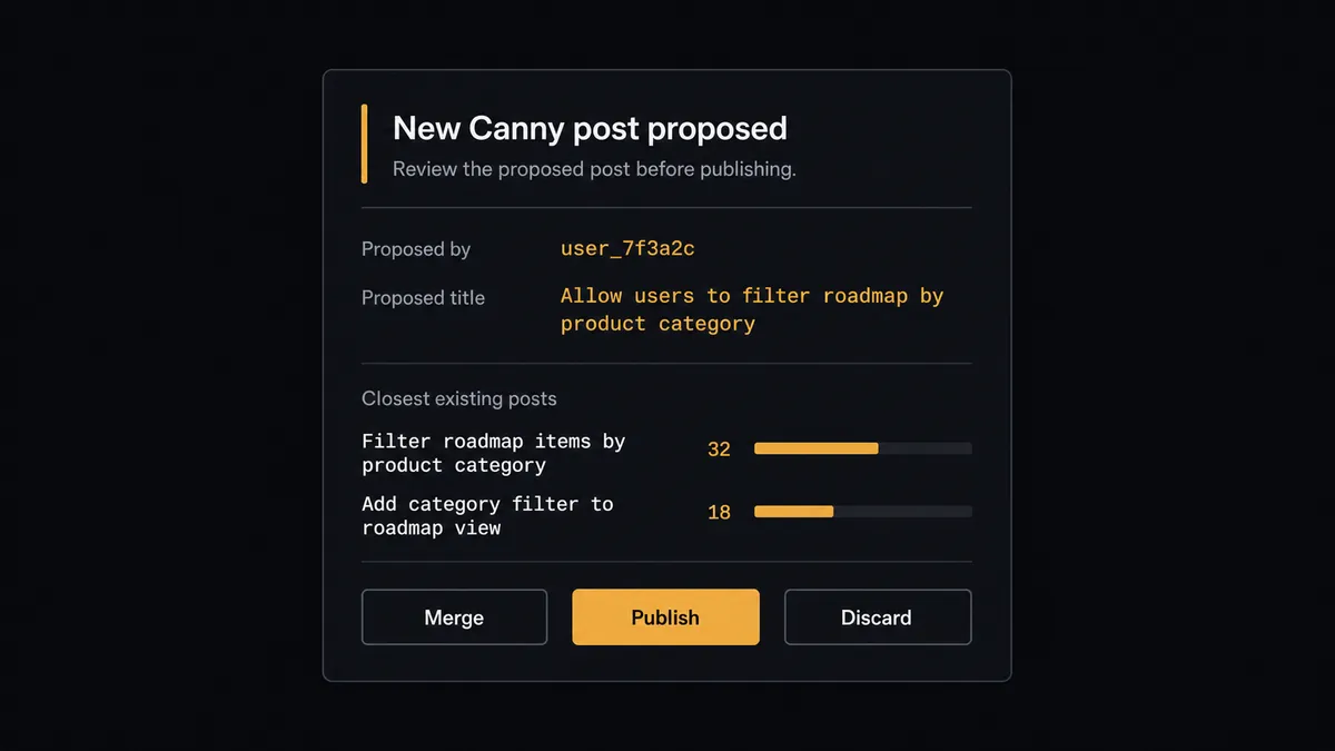 A dark Slack-style approval card on a #0C0E12 field titled "New Canny post proposed"