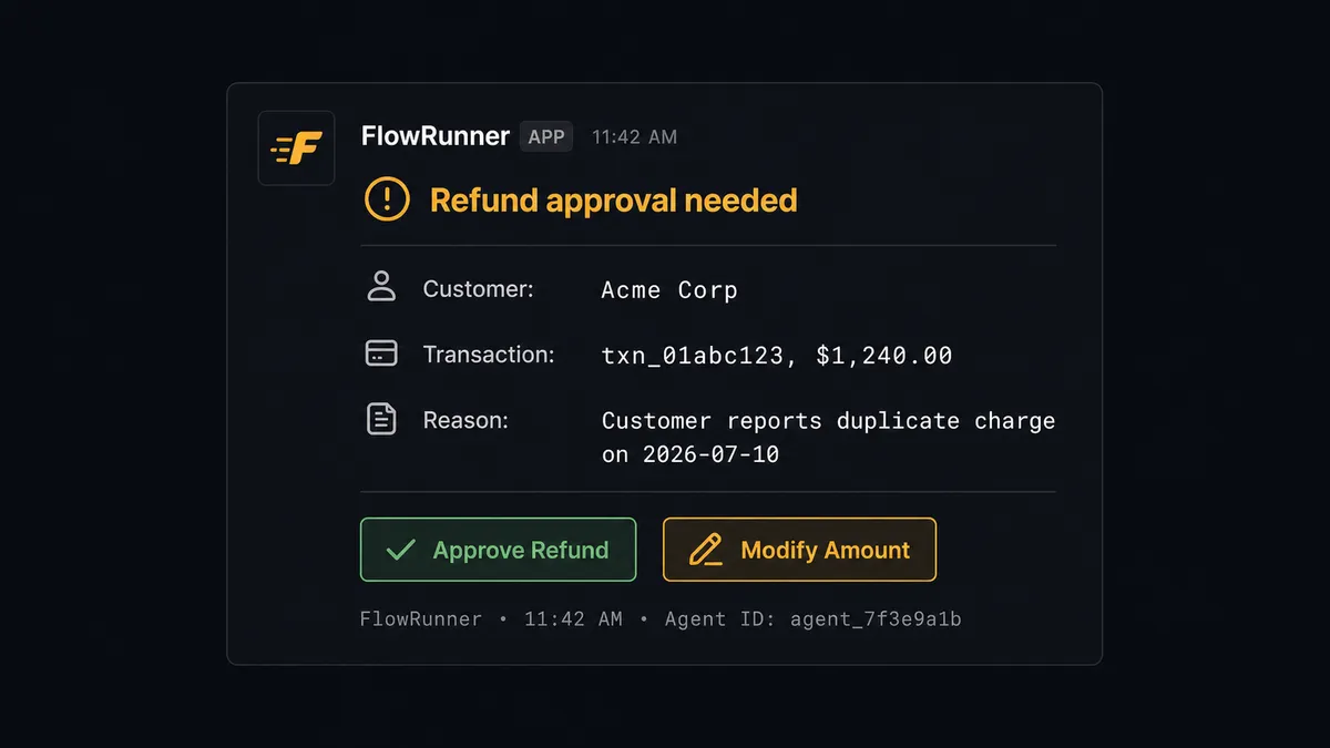 A dark Slack message card showing a FlowRunner approval request