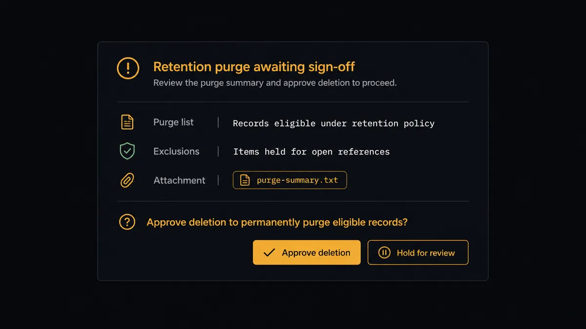 A dark Slack-style approval card on a #0C0E12 field titled as a retention purge awaiting sign-off