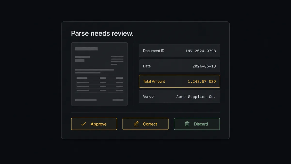 A dark Slack-style approval card on a #0C0E12 background titled "Parse needs review
