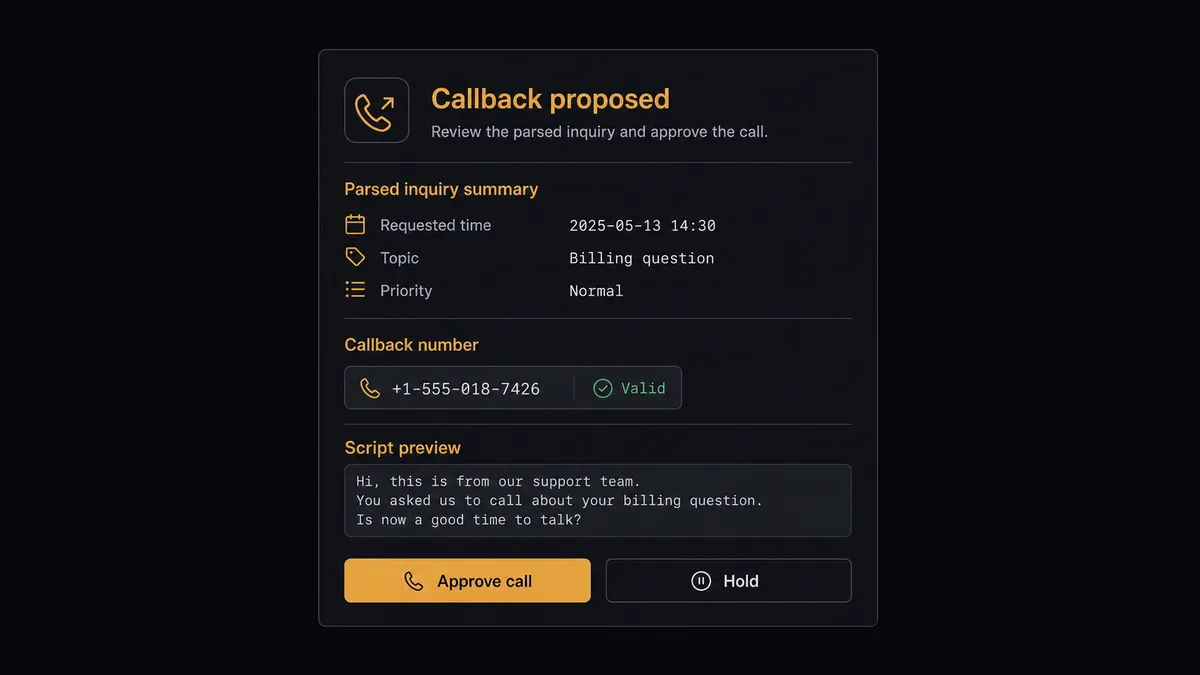 A dark Slack-style approval card on a #0C0E12 field titled "Callback proposed"