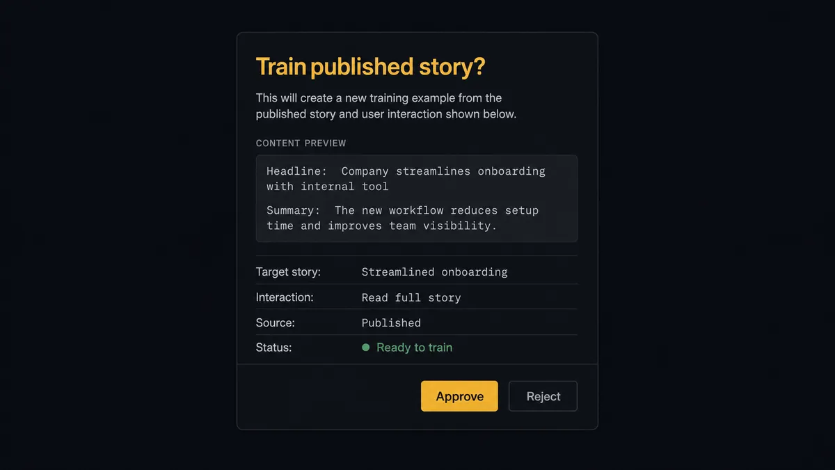 A dark Slack-style approval card on a #0C0E12 field titled "Train published story?" showing a compact content preview block, a target line naming a story and interaction as plain labels, and approve and reject buttons with the approve button rendered in amber