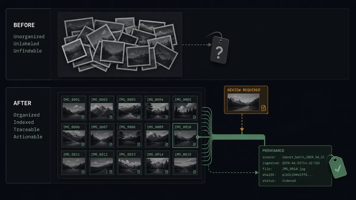 A dark summary panel on a #0C0E12 field with stacked before-and-after rows: the before side shows a heap of unlabeled photo frames beside a shrugging question-mark tag, the after side shows a tidy indexed grid of labeled frames fed by a sage-green conduit with one amber review frame above it and a provenance tag attached to a grid cell