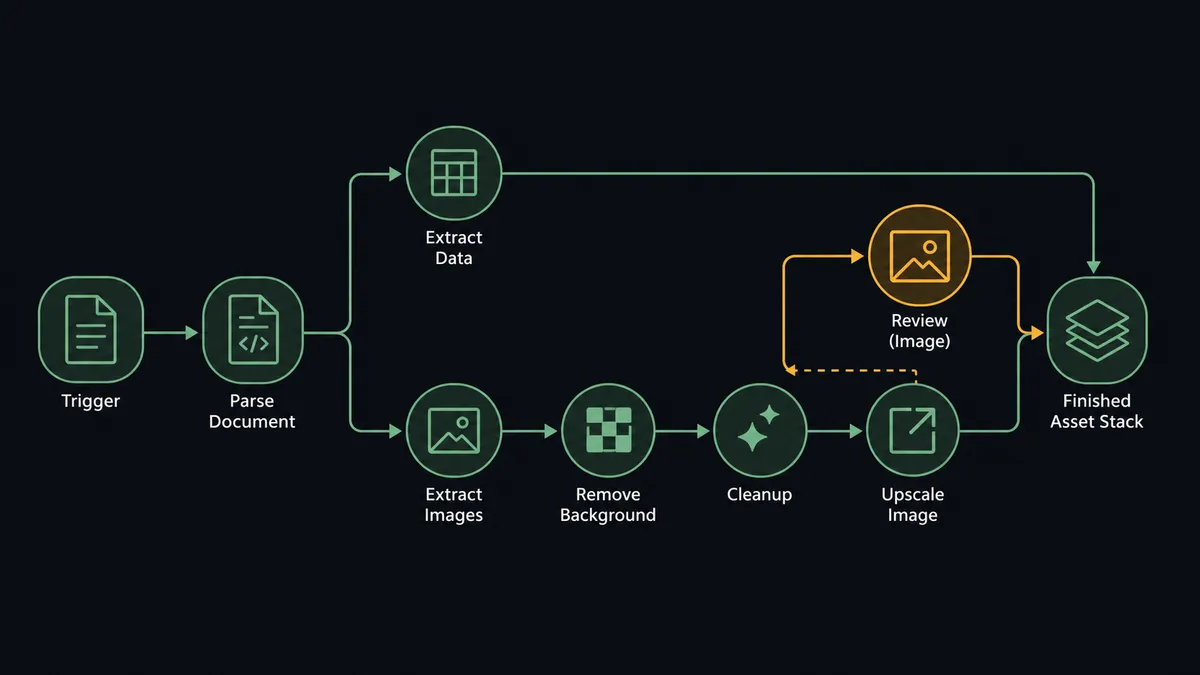 A dark horizontal flow diagram on a #0C0E12 field showing a parsed document node splitting into a data lane and an image lane, the image lane passing through three sage-green processing nodes labeled Remove Background, Cleanup, and Upscale Image before converging into a finished asset stack