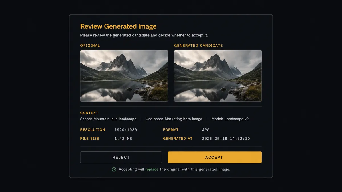 A dark approval-card mockup on a #0C0E12 field: a compact review card showing two image thumbnails side by side labeled Original and Generated candidate, a short context line beneath them, and two buttons, the accept button rendered in amber to mark the human decision point