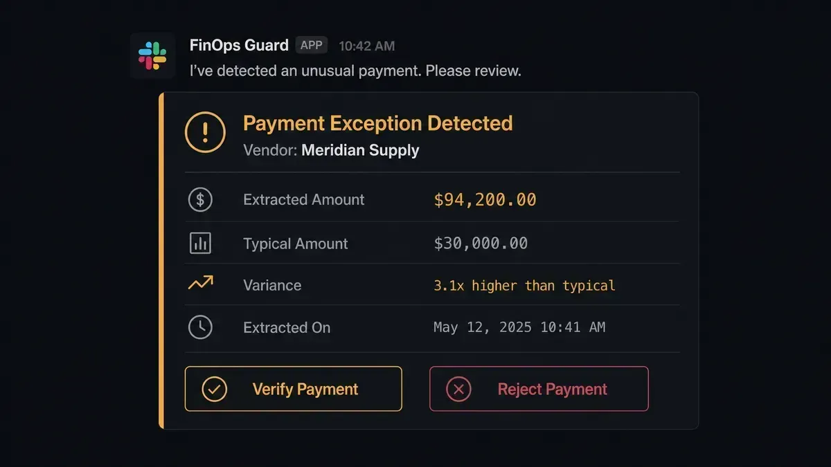 Screenshot of a Slack direct message from FlowRunner showing an exception card with vendor name, the extracted amount, a comparison to the vendor's typical amount, and two interactive buttons