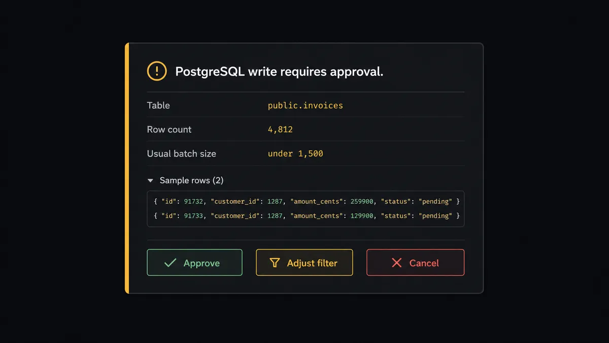 A dark Slack-style approval card on a #0C0E12 background