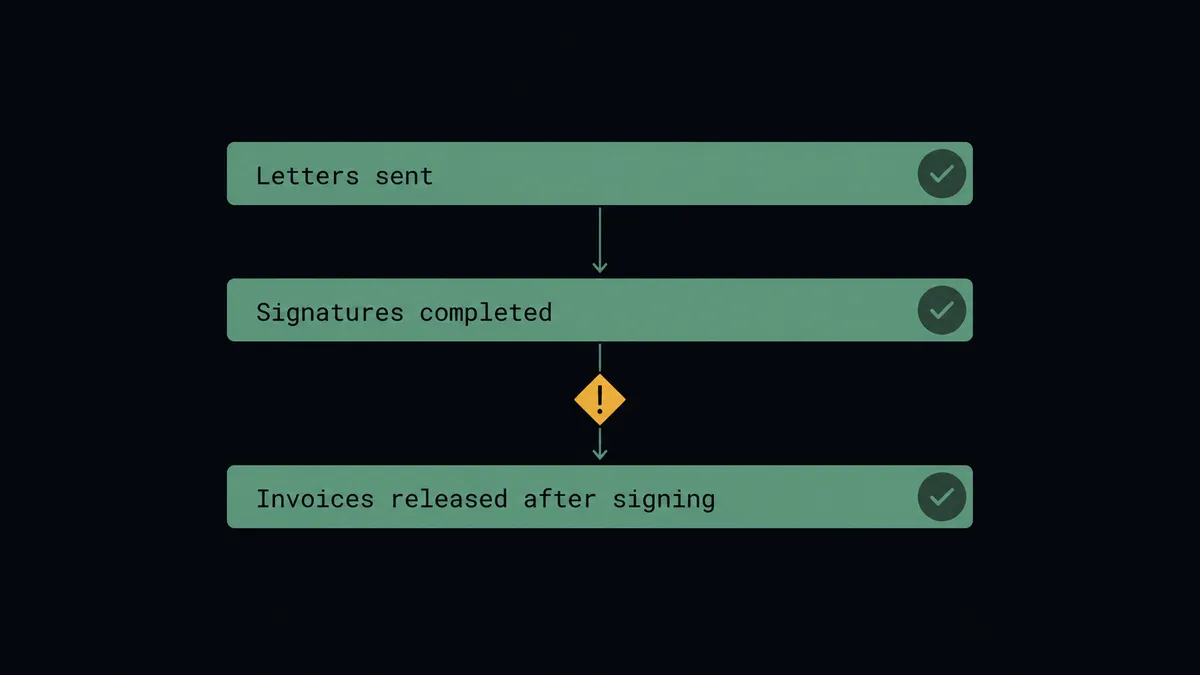 A dark summary panel on a #0C0E12 field with stacked rows labeled Letters sent, Signatures completed, and Invoices released after signing, each row a thin horizontal bar in sage green with a small amber gate marker between the second and third rows