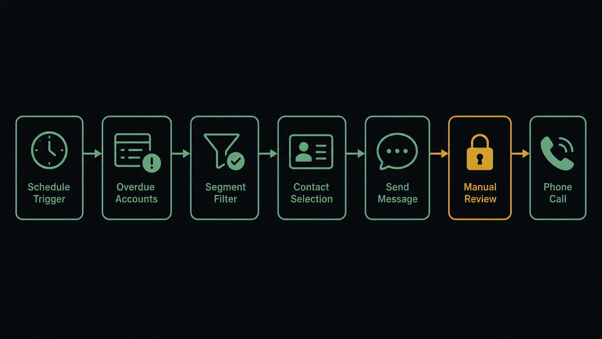 A dark horizontal flow diagram on a #0C0E12 field with six connected nodes: a schedule clock, a ledger row marked overdue, a segmentation check, a contact card, a message bubble, and an amber gate node before a telephone handset icon