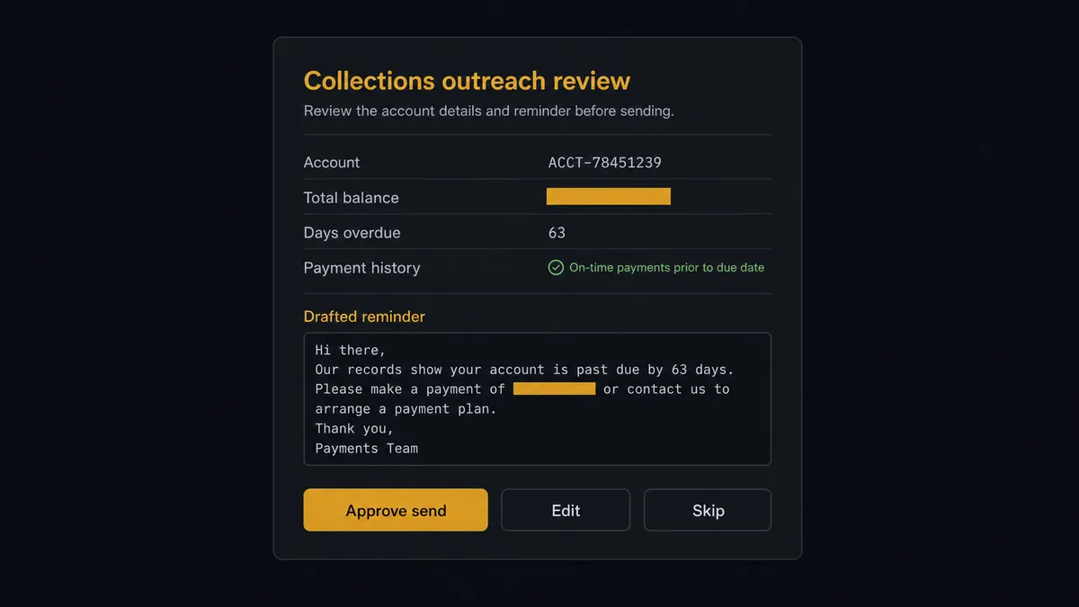 A dark Slack-style approval card on a #0C0E12 field titled "Collections outreach review"