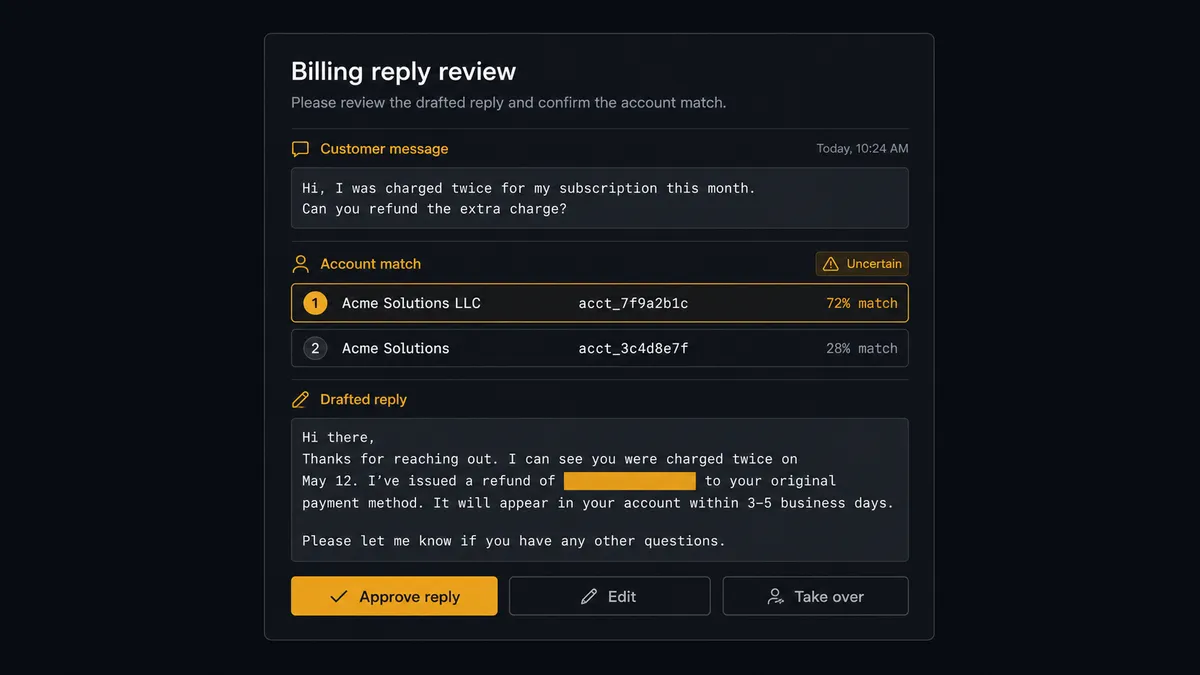 A dark Slack-style approval card on a #0C0E12 field titled "Billing reply review"