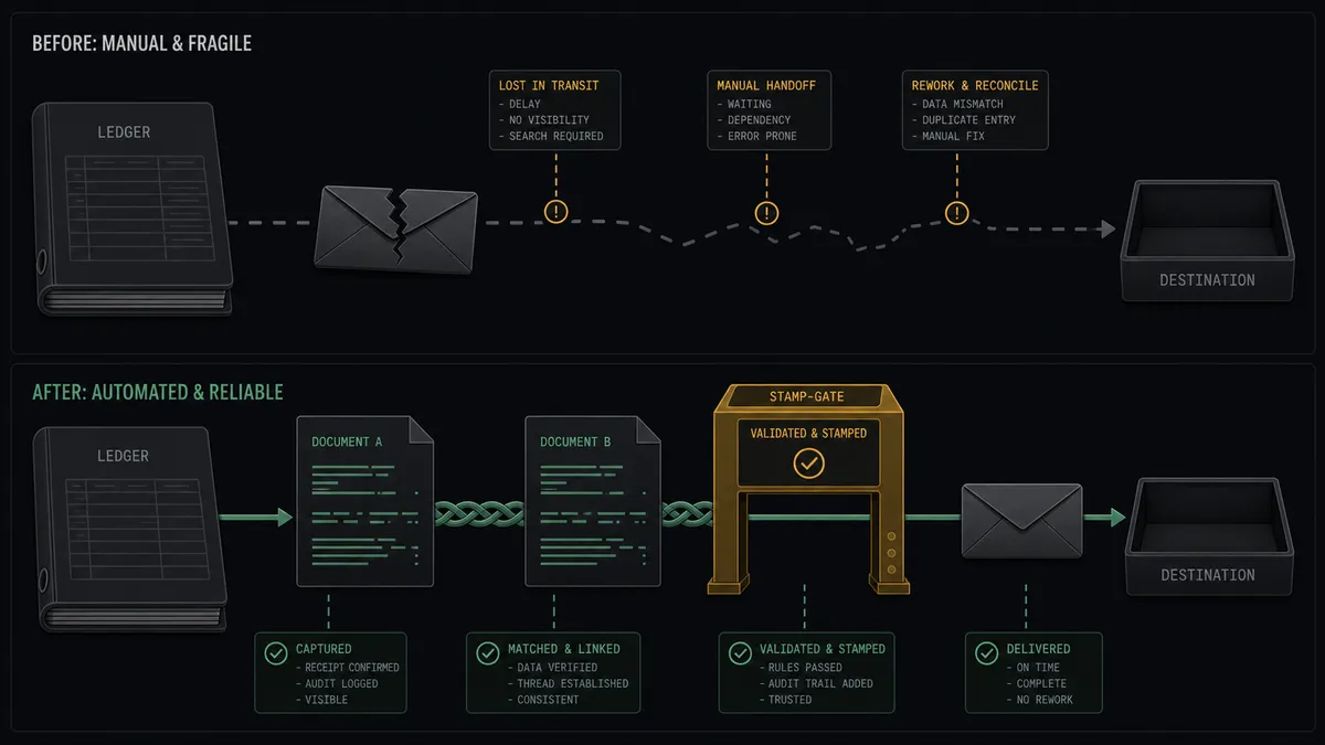 A dark before-and-after panel on a #0C0E12 field in two stacked sections: the top shows an envelope leaving a ledger with a jagged crack mark across its face; the bottom shows the same envelope passing through an amber stamp-gate after two aligned documents joined by sage-green threads, then continuing cleanly along its path