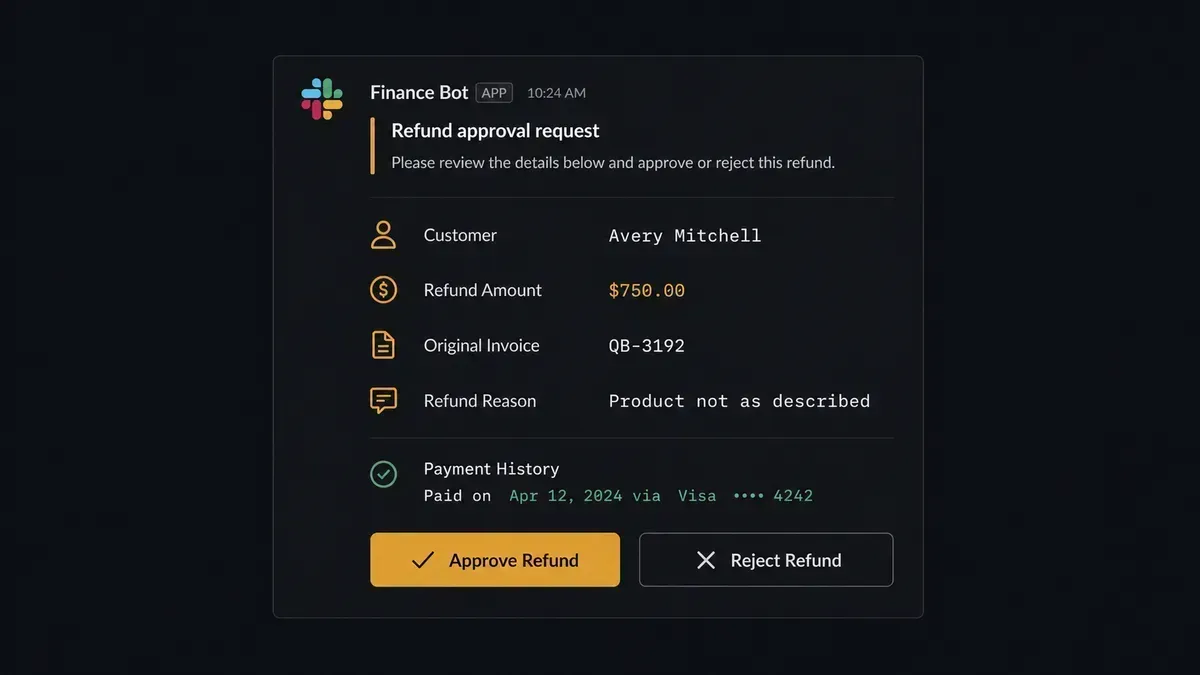 Screenshot of a Slack notification from FlowRunner showing a refund approval request card with customer name, refund amount, original invoice reference, and two interactive buttons