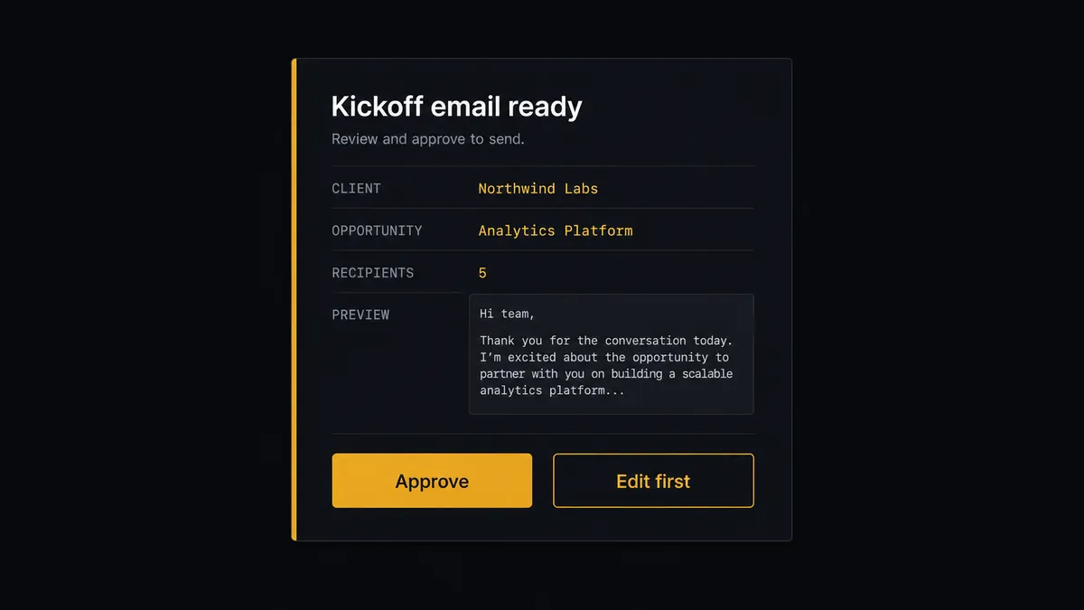 A dark Slack-style approval card on a #0C0E12 field titled "Kickoff email ready" with rows for client, opportunity, and recipients, a short excerpt block, an amber left border marking the human decision, and two rectangular reply buttons labeled Approve and Edit first