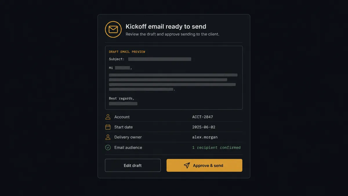 A dark approval card on a #0C0E12 field styled like a chat message, titled "Kickoff email ready to send", showing a folded draft-email preview with redacted-bar lines, plus label rows for account, start date, and delivery owner