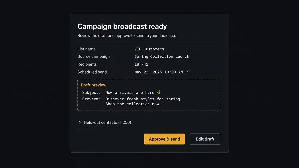 A dark Slack-style approval card on a #0C0E12 field titled "Campaign broadcast ready" with rows for list name and source campaign, a bordered draft preview, a collapsed section labeled held-out contacts, and approve and edit buttons where approve is the single amber element