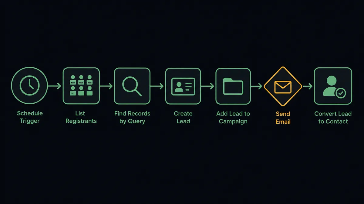 A dark seven-node flow diagram on a #0C0E12 field, reading left to right: a clock icon for the schedule, a seat-grid node labeled List Registrants, a magnifier labeled Find Records by Query, a lead card labeled Create Lead stacking into a campaign folder, an envelope node behind an amber diamond checkpoint labeled Send Email, and a final promotion node labeled Convert Lead to Contact