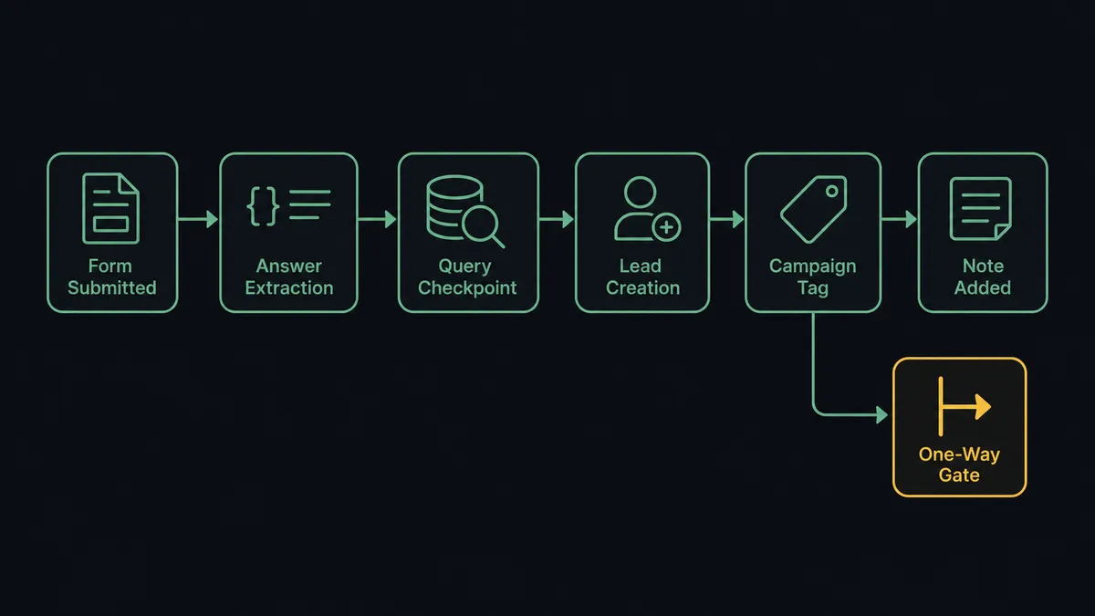 A dark horizontal flow diagram on a #0C0E12 field with six nodes: a form card node, an answer extraction node, a query checkpoint drawn as a magnifying lens over stacked records, a lead creation node, a campaign tag node, and a note node