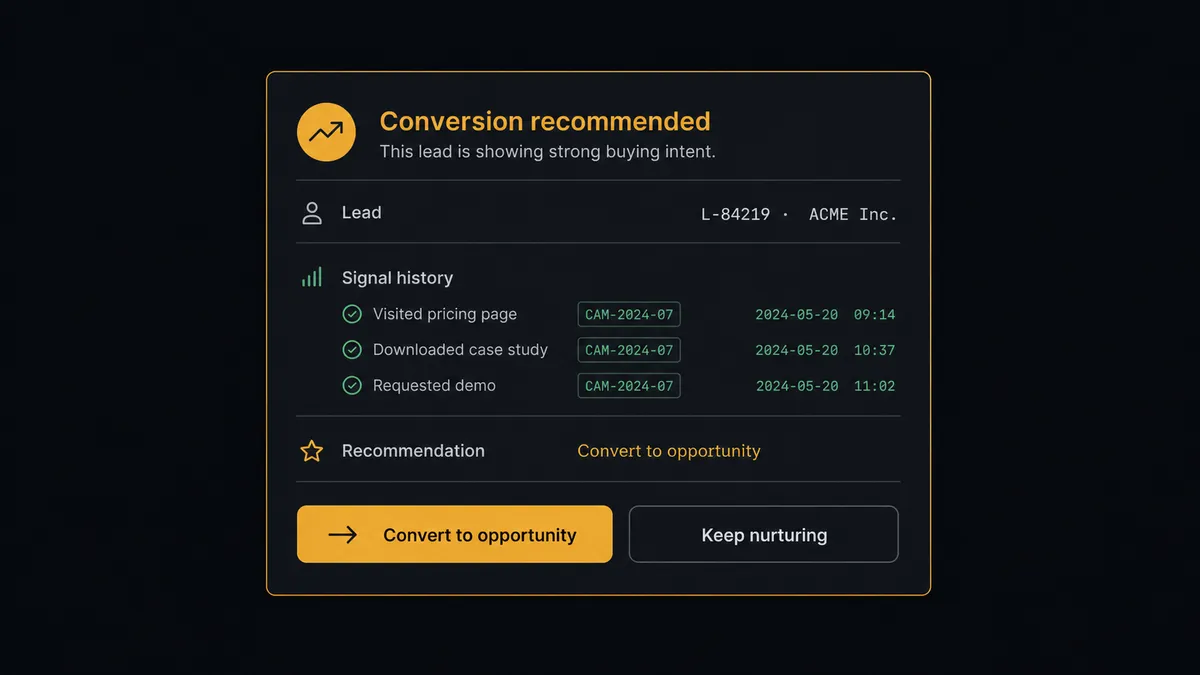 A dark Slack-style approval card on a #0C0E12 field titled "Conversion recommended"