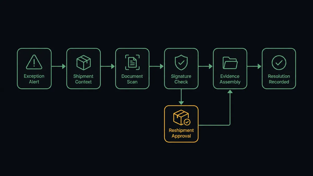 A dark horizontal flow diagram on a #0C0E12 field with six nodes joined by a thin sage-green line: an exception alert node, a shipment context node, a document scan node, a signature check node, an evidence assembly node, and a resolution node