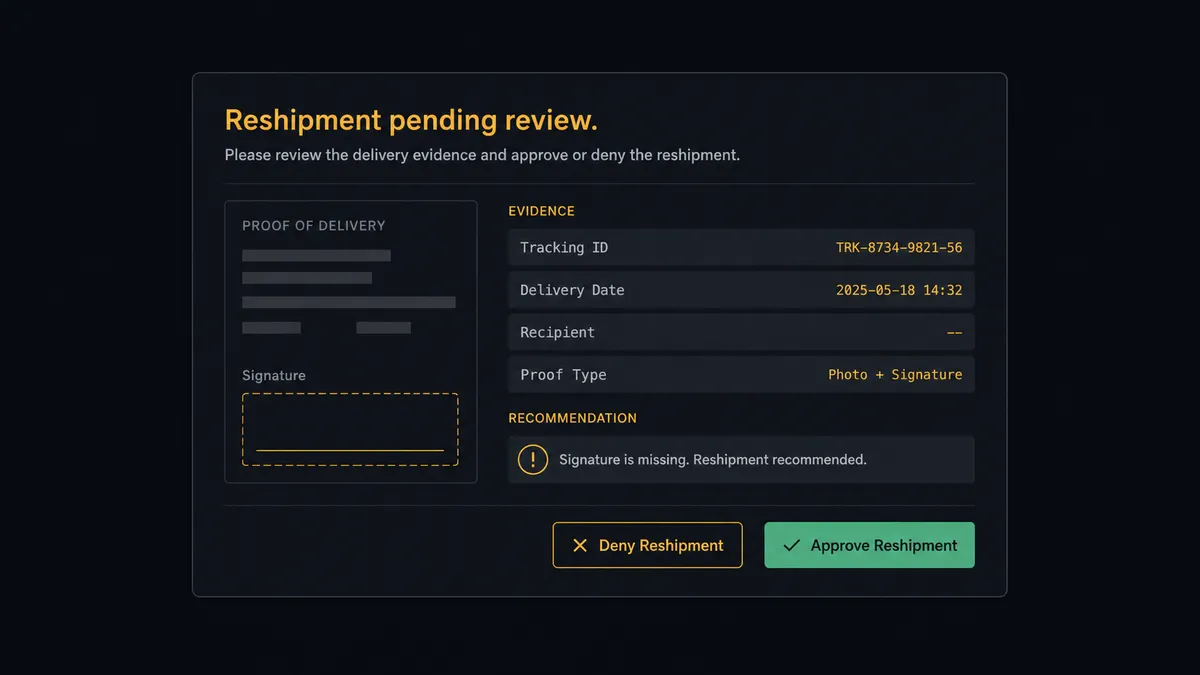 A dark Slack-style approval card on a #0C0E12 background titled "Reshipment pending review