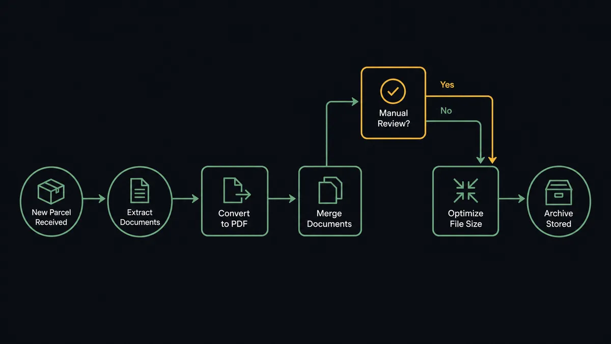 A dark horizontal flow diagram on a #0C0E12 field showing a parcel-shaped trigger node feeding document shapes through sage-green nodes labeled Convert, Merge, and Optimize into an archive drawer node