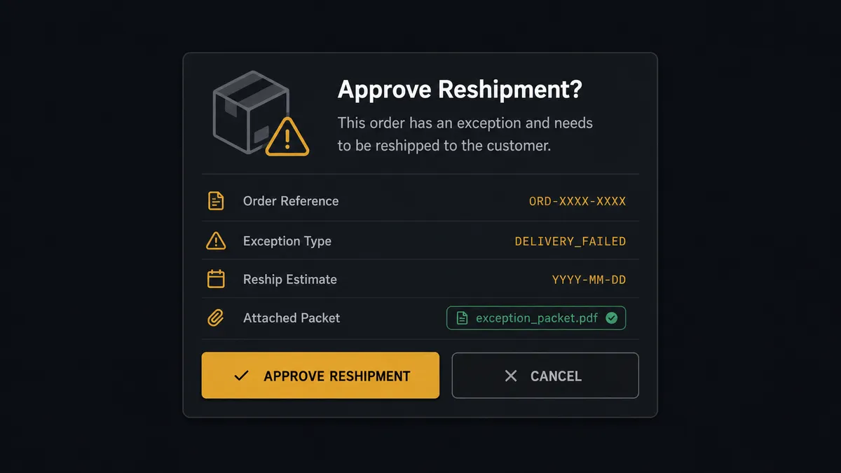A dark approval-card mockup on a #0C0E12 field: a compact card with a parcel icon and a warning glyph, abstract placeholder rows for order reference, exception type, and reship estimate, an attached-packet chip, and two decision buttons with the primary one rendered in amber