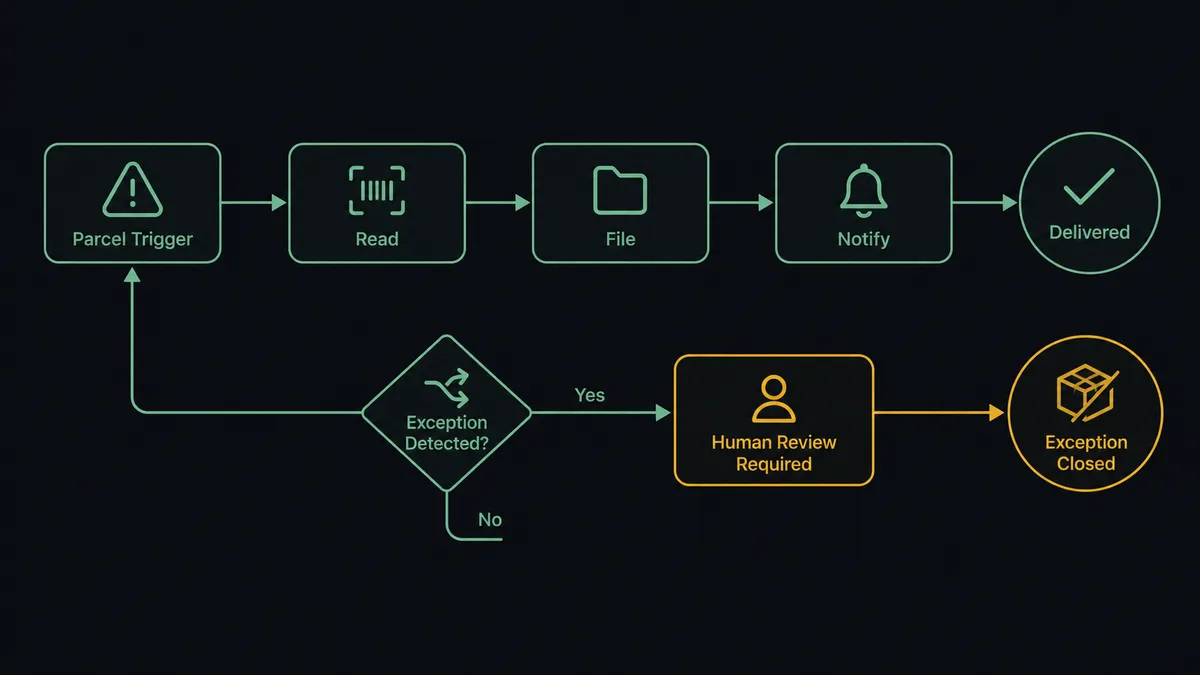 A dark horizontal flow diagram on a #0C0E12 field showing a parcel trigger node with a warning glyph feeding sage-green nodes labeled Read, File, and Notify toward a delivered endpoint marked with a check