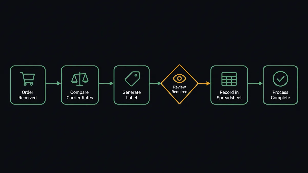 A dark UI panel shows a horizontal pipeline of six connected nodes: an order icon, a carrier-rate comparison card, a label icon, a spreadsheet row icon, and a checkmark, with a small amber diamond node positioned between the label and spreadsheet steps representing the review gate